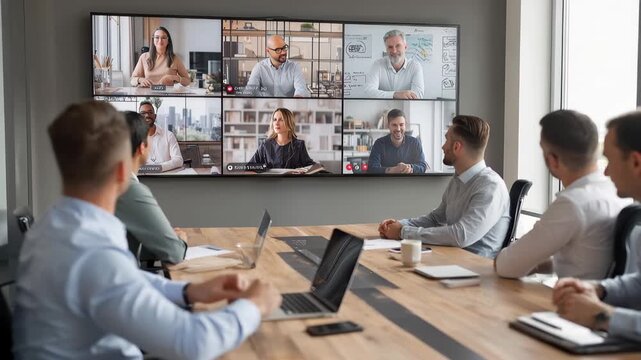 Team collaborates with remote colleagues during a virtual meeting in a modern office setting in the afternoon