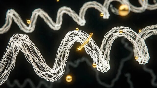 Gold molecule with peptide collagen background concept. Abstract digital illustration of glowing white fiber optic strands with light effects and futuristic design