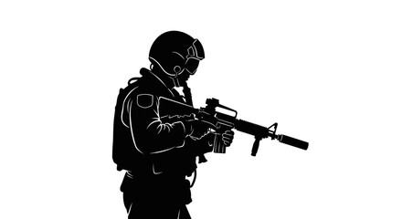 Silhouette of a soldier in tactical gear holding a rifle, ready for action, isolated on white.