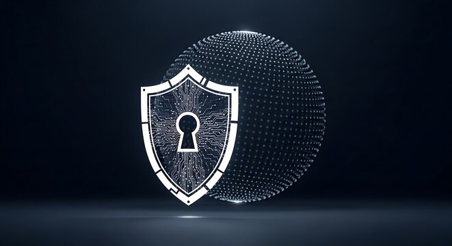 Shield with keyhole and circuit board pattern on a dark background with a sphere of binary code cybersecurity