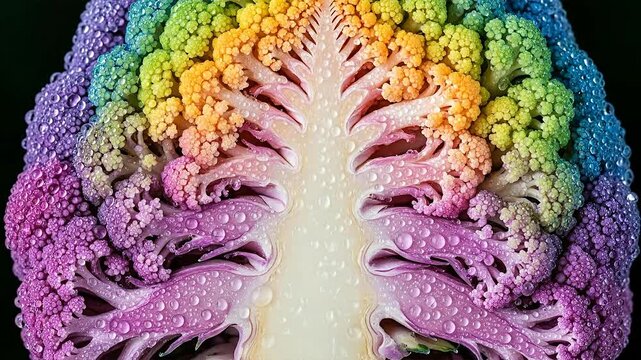 Close-up of a vibrant Romanesco broccoli cut in half, displaying a stunning rainbow color gradient and intricate fractal patterns with water droplets.