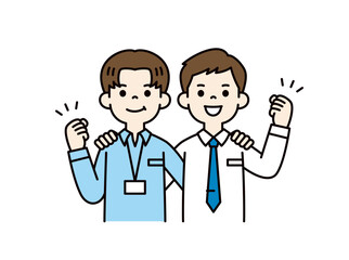 肩を組んで笑顔でガッツポーズをする、2人の若いビジネスマンの上半身ベクターイラスト素材