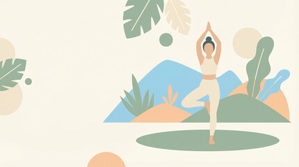 A serene illustration depicts a woman practicing yoga in a tranquil outdoor setting surrounded by stylized plants and gentle hills, promoting wellness and mindfulness