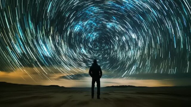 Silhouette of a person gazing at a mesmerizing star trail vortex in the night sky.
