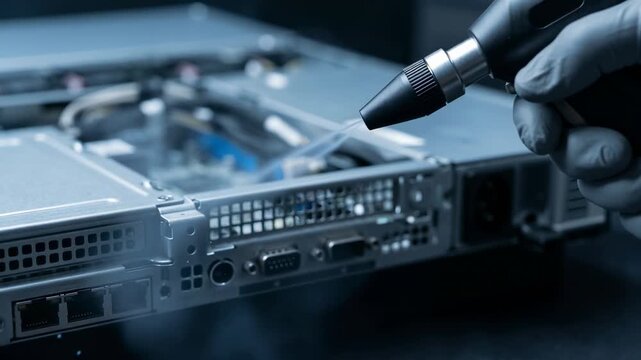 A person uses a precision cleaning tool to remove dust and debris from electronic components on a workspace table.