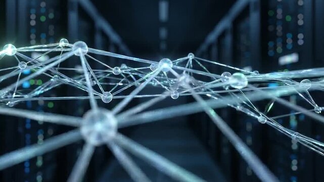 Abstract ai neural network visualization glass node web connection digital data server corridor depth futuristic light mesh network glowing glass line modern technology background innovation concept