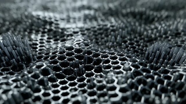 A detailed image of a complex, geometric structure composed of repeating hexagonal patterns and vertical elements, offering a dynamic visual texture