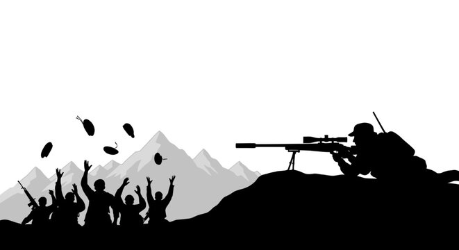 Sniper silhouette aiming at crowd throwing grenades, war conflict concept