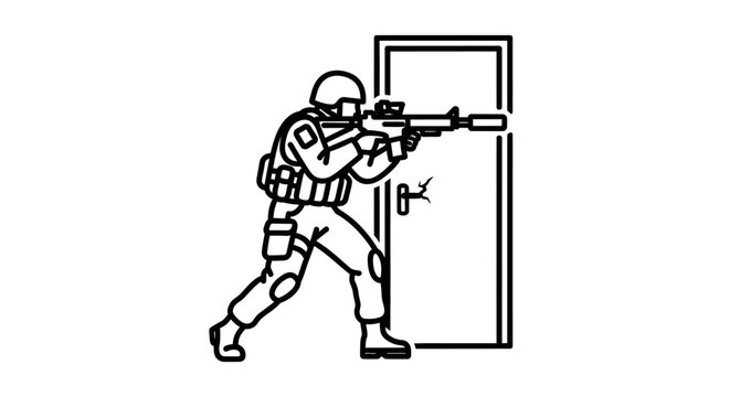 Soldier breaching door with assault rifle, tactical entry, swat team action, combat illustration
