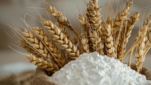 Golden wheat ears and a pile of white flour, representing essential ingredients for baking and food production.
