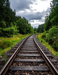 Obraz premium A railway track curves through a lush forest under a cloudy sky