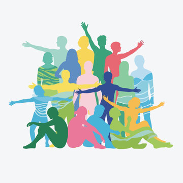 A vibrant, colorful collection of silhouetted figures posing in various positions