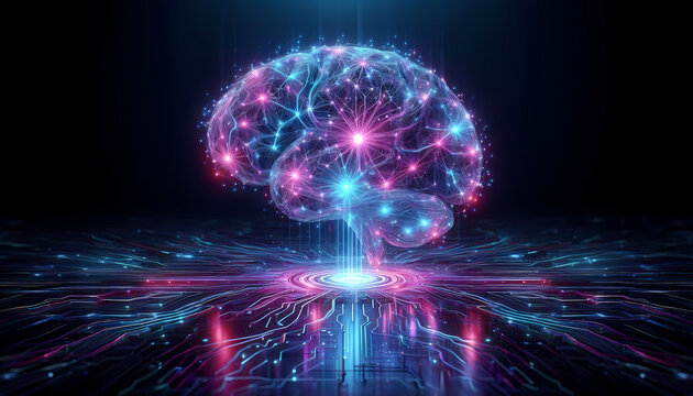 Abstract glowing artificial intelligence brain network with neon digital synapses.