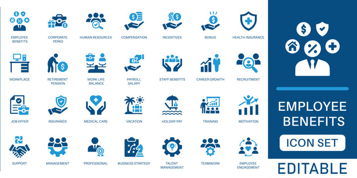 Employee benefits icon set. featuring teamwork, Human Resources,  corporate perks, compensation, health insurance, retirement, and workplace motivation elements in blue flat design style.