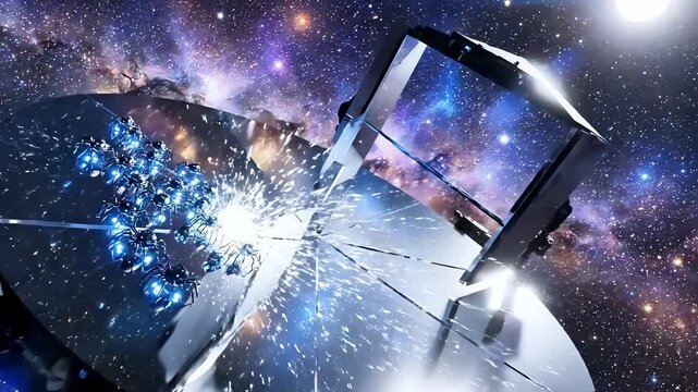 Space mirror platform where group of spider drones drifts in open space among stars, cosmic mirror construction reflecting light of distant galaxies. Deep universe space exploration concept vibe