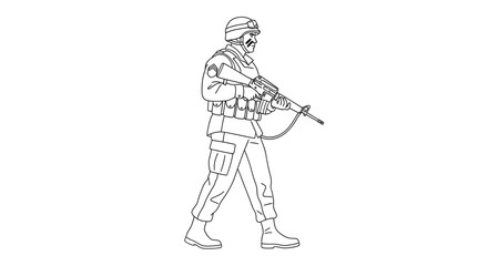 Soldier Walking with Rifle, Military Uniform, Helmet, Protective Gear, Line Art