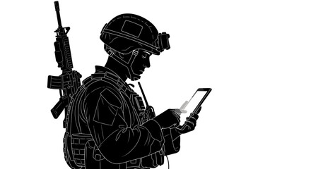 Soldier Using Tablet Computer in Combat Gear, Military Technology and Communication