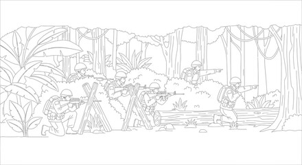 Obraz premium Soldiers in jungle combat, Vietnam War era, advancing through dense foliage with weapons