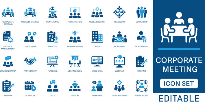 Corporate meeting icon set. featuring business collaboration, presentation, leadership, and teamwork elements in blue flat style for professional workflow and success.