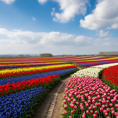 field of tulips and blue sky