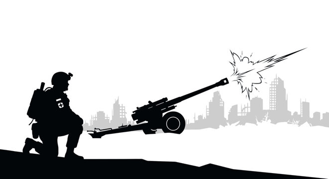 Soldier firing artillery cannon in destroyed city silhouette, war concept