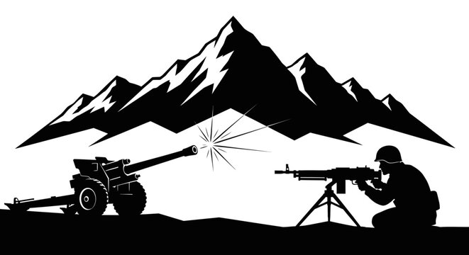 Soldier Firing Machine Gun With Artillery Cannon and Mountains Silhouette