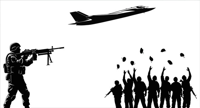 Soldier firing machine gun, fighter jet flying, soldiers celebrating victory, war, conflict, military