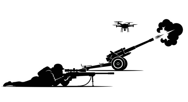 Soldier with sniper rifle and drone overlooking artillery firing, modern warfare concept