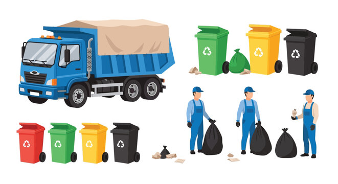 Waste management illustration featuring a garbage truck and sanitation workers