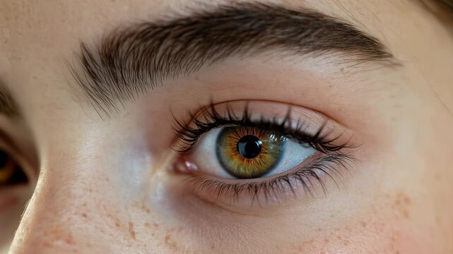 Close-up view showcasing the intricate details of an adult's eye with natural beauty, highlighting the eyelashes, iris, and skin texture in a realistic and captivating manner