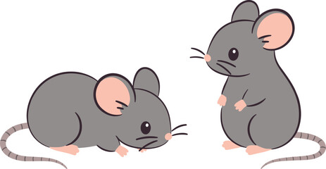 Cute cartoon mouse characters set showing small grey rodents in sitting and sniffing poses isolated on background for animal, wildlife and children illustration concept