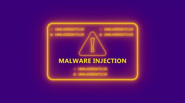 Enamelware injection cybersecurity warning interface animation with glowing neon hacker attack alert panel, futuristic digital threat notification and technology security display