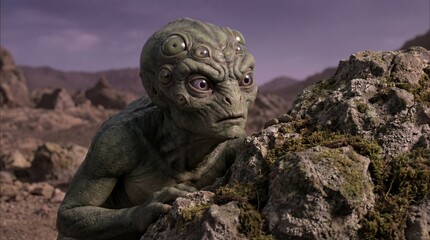 Sleeping boy surrounded by aliens in dim bedroom concept. A curious alien creature observing its rocky environment.