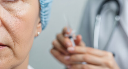 Naklejka premium Elderly woman preparing for vaccination in medical office setting 