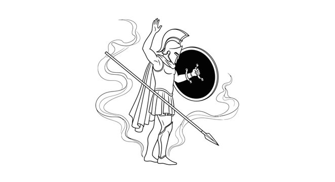 Ancient Greek Warrior with Spear and Shield, Dramatic Pose, Black and White Line Art