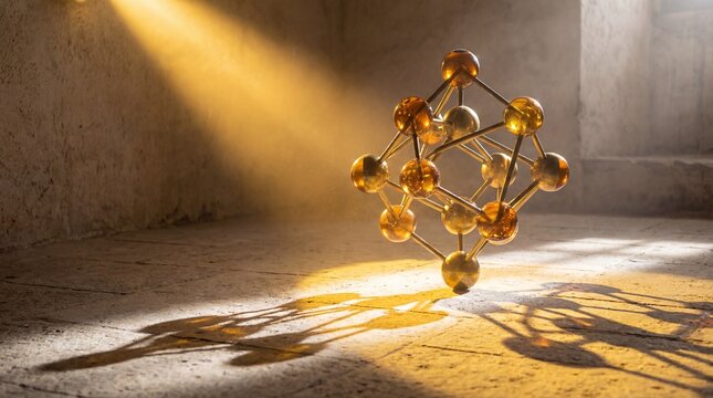 Gold molecule with peptide collagen background concept. A glowing 3D molecular model illuminated by warm light.