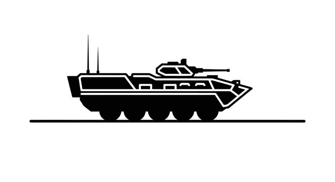 Armored Personnel Carrier Icon: Military Vehicle Silhouette on White Background