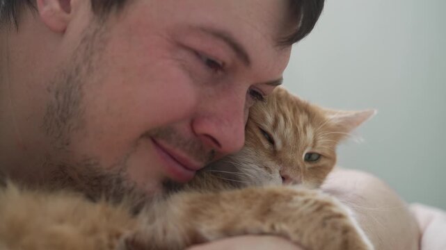 Close-up of a smiling man enjoying a tender moment with his adorable ginger cat, gently stroking and embracing the purring feline while they cuddle together in comfort and affection