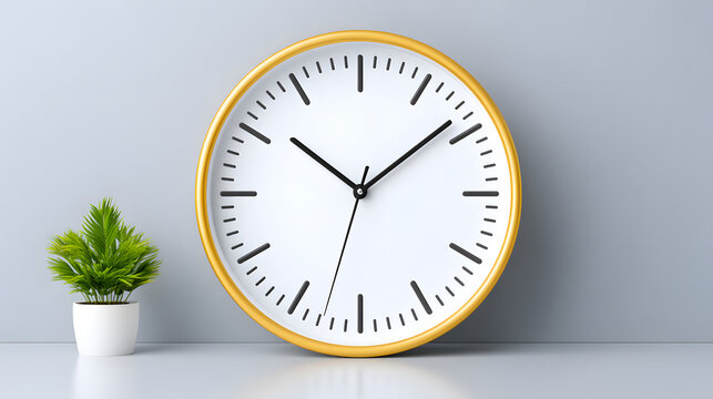 Clock wall time deadline schedule business office modern minimal concept large modern wall clock gray background with small green plant white pot symbolizing time management balance and minimal