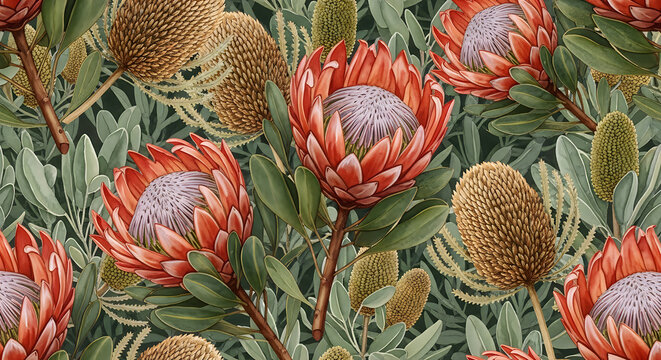  seamless watercolor background pattern of majestic King Protea flowers in earthy terracotta and deep sage tones, with velvety petals softly bleeding into misty sage leaves and slender banksia pods