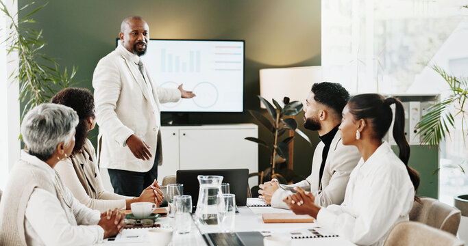 Finance, presentation and business people in office with discussion, data analysis and company audit. Team, meeting and conversation in workplace with financial stats, performance review and graphs.