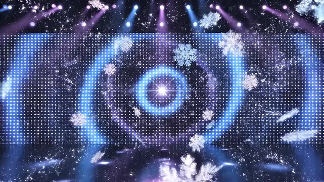 A mesmerizing video of snowflakes swirling around a bright light on a digital screen