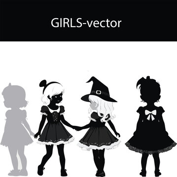 Vector illustration of a happy girls wearing hellowen   in a cute  dress and suit, with a smiling  kids, perfect for a cartoon love invitation card design