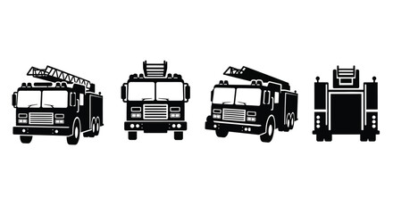 Four views of a fire truck presented in a black silhouette © Full
