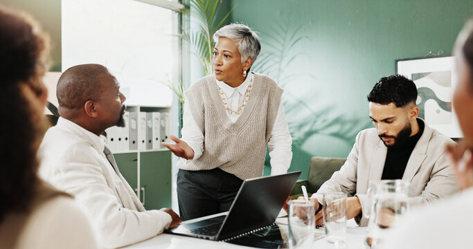 Meeting, discussion and business people in office with laptop, research and plan for financial audit. Team, talk and proposal in workplace with computer, finance feedback and auditor collaboration.