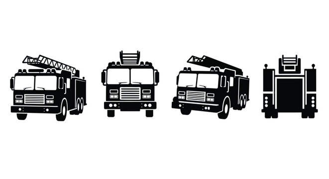 Four views of a fire truck presented in a black silhouette
