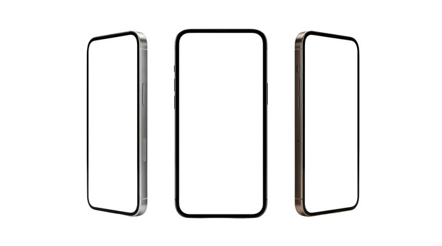 Three isolated mobile phones screens. Modern smartphone with shadows on white