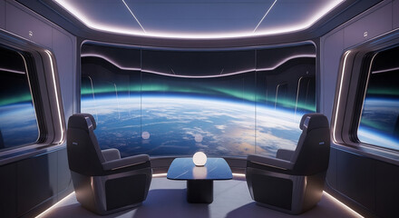 Fototapeta premium Luxury Space Tourism Cabin Interior with Earth View