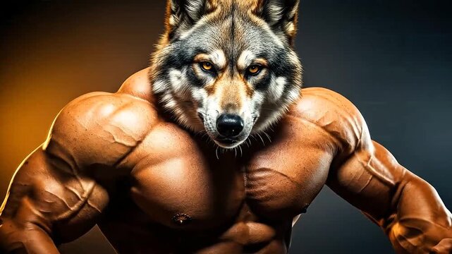 Powerful wolf-headed bodybuilder with immense muscles and intense gaze.