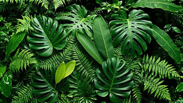 A lush, vibrant close-up of various tropical green leaves and ferns creating a dense, natural jungle pattern.